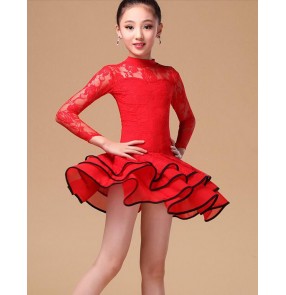 Girls children child black red white lace sleeves turtle neck competition exercises latin dance dresses salsa ballroom dance dresses