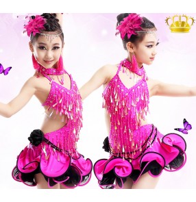 Girls children child fuchsia high quality professional competition latin dance dresses samba salsa chacha dresses 110-165CM