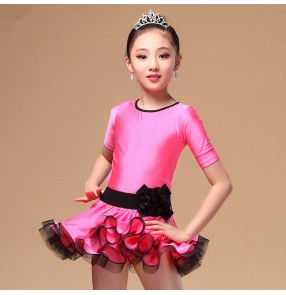 Girls children child kids royal blue fuchsia black short sleeves competition professional latin dance dresses with sashes