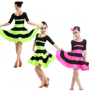 Girls children child kids striped neon green fuchsia black patchwork short sleeves compeittion exercises latin ballroom dance dresses