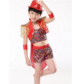 Girls children kids boys baby child red black paillette sequin pu leather two pieces jazz modern dance costumes dresses stage performance costumes
