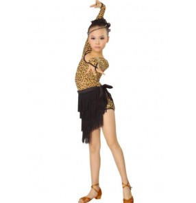 Girls children kids child long sleeves brown leopard and black patchwork exercises  latin dresses samba salsa chacha dresses sets tops and skirts 110-160cm