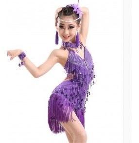 Girls children kids fringe purple with diamond decoration professional latin dance dress  salsa chacha dance dresses 110-160cm