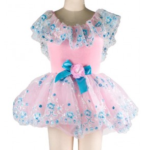 Girls children kids pink and blue floral tutu skirt leotard ballet dance dress
