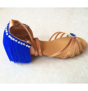 Girls children kids tassels royal blue fuchsia orange latin salsa ballroom dance shoes cow leather sandals