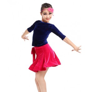 Girls children kids velvet latin dance dress top and skirt royal blue and black