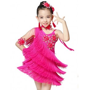 Girls children kids violet fuchsia flower fringe high quality competition latin dance dresses with choker  and arm flowers 110-160cm