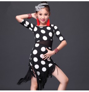 Girls children kids white polka dot  and red polka dot middle long sleeves tassels hem latin dance dresses 110-155cm