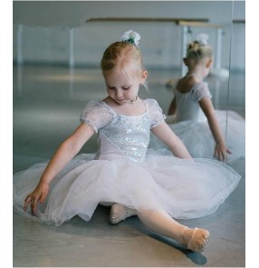 Girls children kids white silver sequined leotard tutu skirt ballet dance dress