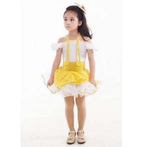 Girls children kids yellow and white patchwork ballet dance dress tutu skirt