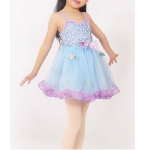 Girls children light blue paillette ballet dance dress leotard skirt 