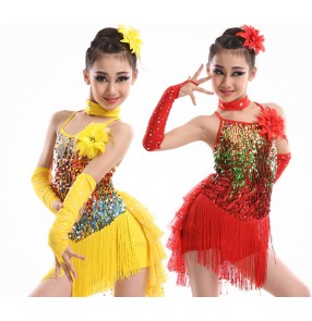 Girls kids baby child children gold yellow  red colorful sequin paillette with gloves backless  professional modern dance stage performance dresses costumes with gloves
