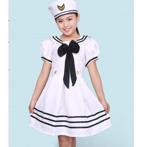 Girls kids child baby children white navy uniforms modern stage performance dresses costumes chorus dance dresses