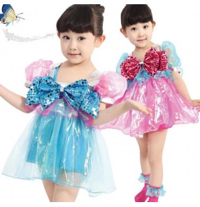 Girls kids child children baby bowknot fuchsia blue patchwork modern dance stage performance dance dresses jazz dance costumes