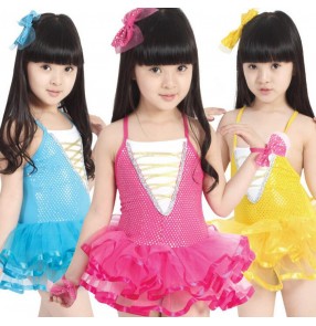 Girls kids child children baby fuchsia yellow gold blue exercises backless competition stage performance latin dance dresses