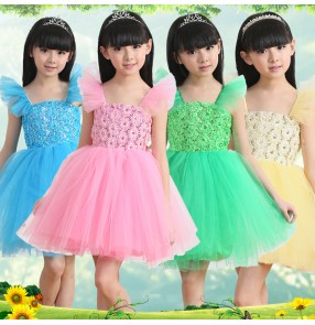 Girls kids child children baby green pink yellow sky blue sleeveless modern dance stage performance  princess dance dresses costumes