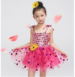 Girls kids child children baby turquoise yellow gold red green fuchsia paillette sequined backless modern dance stage performance jazz dance costumes dresses