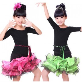 Girls kids children baby black and green fuchsia and black patchwork short sleeves round neck ruffles skirt and top microfiber competition professional latin dance ballroom dance dresses set costumes