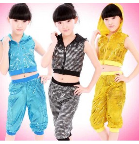 Girls kids children baby child sequined paillette green red yellow black blue separate two pieces modern dance hip hop jazz dance costumes dresses set