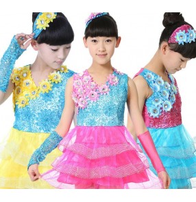 Girls kids children child baby blue fuchsia yellow rainbow flowers sequined paillette modern dance competition stage performance jazz dance costumes dresses