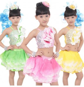Girls kids children child baby flower gradient color fuchsia green yellow gold separate two pieces modern dance stage performance jazz dance costumes dresses
