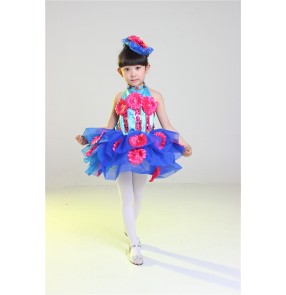 Girls kids children child flower royal blue green patchwork  stage performance modern dance princess dresses 90-140cm