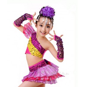 Girls kids children child fuchsia paillette sequined modern jazz dance costumes stage performance dance wear 