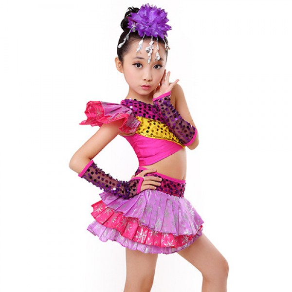 Girls kids children child fuchsia paillette sequined modern jazz dance ...