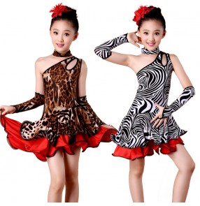 Girls kids children child leopard zebra printed competition professional exercises latin dresses 