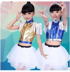 Girls kids children child royal blue and white gold and white patchwork modern dance stage performance jazz dance dresses set costumes clothes dance wear