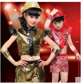 Girls kids children child sequined paillette top and shorts modern dance stage performance dance costumes clothes set 