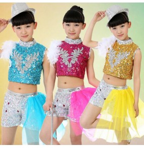 Girls kids children child turquoise fuchsia yellow gold sequined paillette modern dance stage performance jazz dance costumes dresses sets