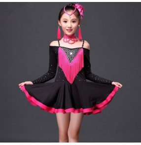 Girls kids children diamond  fuchsia red black patchwork tassels long sleeves off shoulder latin ballroom dance dress 120-155cm