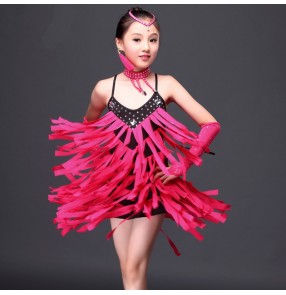 Girls kids children flying tassel fuchsia red and black diamond  patchwork competition latin salsa dance dress