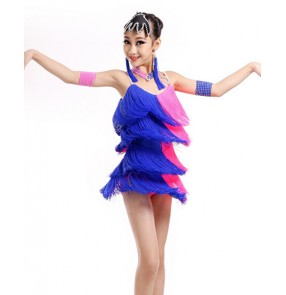 Girls kids children tassel blue and hot pink patchwork latin dance dress backless