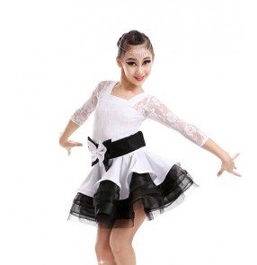 Girls kids children white and black patchwork lace long sleeves latin dance dress