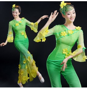 Girls women's female ladies gradient green long sleeves flower chinese folk dance costumes fans dance stage performance dance wear