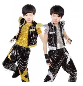 Gold black sequined 3pieces in one boys toddlers children child kids kindergarten modern dance jazz dance hip hop street dance stage performance play t show costumes clothes