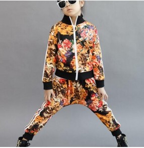 Gold blue  floral printed girls boys kids children fashion Korean style performance hip hop jazz school play dancing outfits costumes