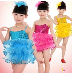 Gold blue fuchsia Girls kids child children paillette sequined strap backless latin dance dresses modern dance stage performance dance dresses
