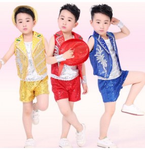 Gold red royal blue silver patchwork summer sleeveless sequined boys toddlers baby child children kids stage performance play outfits jazz dance hip hop dance costumes clothes