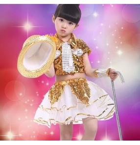 Gold white royal blue white patchwork sequined paIllette girls kids child children toddlers modern dance stage performance hip hop  jazz dance costumes dresses outfits