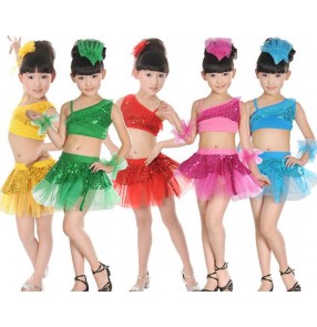  Green blue yellow gold fuchsia red Girls kids child children separate two pieces paillette sequined one shoulder competition exercises latin dance dresses