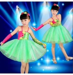 Green Girls child kids children baby paillette sequined backless with gloves exercises competition modern dance professional latin dance dresses 