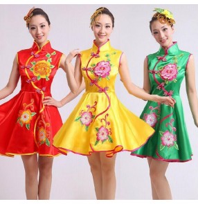 Green yellow red girls womens women's ladies female sleeveless ancient Chinese folk dance traditional yangko fan dance costumes dresses 