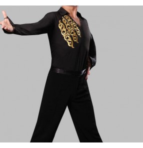 Kids Black long sleeves v neck gold printed rhinestones leotard men's male competition performance latin ballroom flamenco waltz tango dance tops shirts 