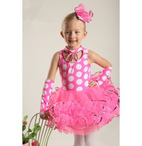 Kids girls fuchsia polka dot ballet dance dress organza layers sequin leotard Tutu Skirt