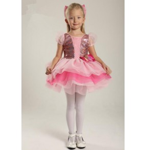 Kids girls pink sequin leotard tutu skirt ballet dancing dress