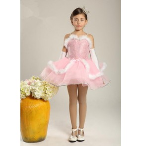 Kids girls pink white feather leotard tutu ballet dance dress vestdios