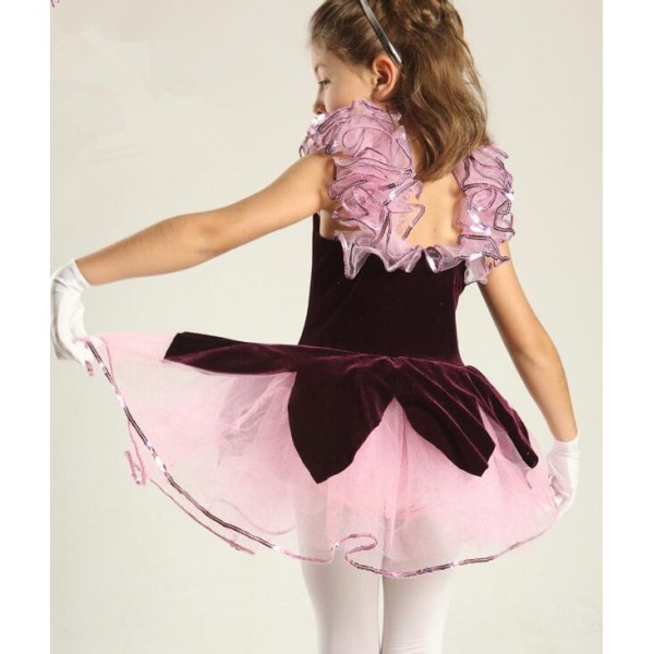 Kids girls purple velvet ballet dance dress tutu skirt skating dress